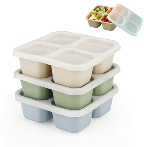 PandaEar Pack de 3 Recipientes de Bocadillos, Caja Bento de Silicona con 4 Compartimentos y Tapas, Reutilizable para Comida de Adultos, Niños y Bebés, Escuela, Trabajo y Viajes