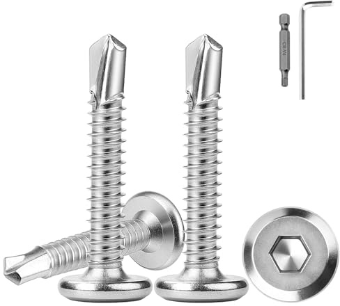 Lot de 60 vis autotaraudeuses en acier inoxydable 410 - 6,3 x 25 mm - Vis à tôle à tête plate à six pans creux - Vis de façade - Vis métalliques argentées