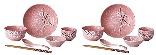 Service de table japonais en céramique – Assiettes, bols, soucoupes, tasses, cuillères et baguettes pour 2 personnes – Ensemble de cuisine et salle à manger