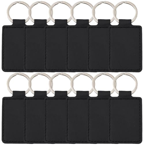 CALFOVERA Porte Clés Rectangulaire en Cuir PU Noir 12 pièce Vierge avec Porte Clés en Fer Pendentif Double Face Kit de Breloques en Vrac pour Bricolage Artisanat Cadeaux Gravure Estampage