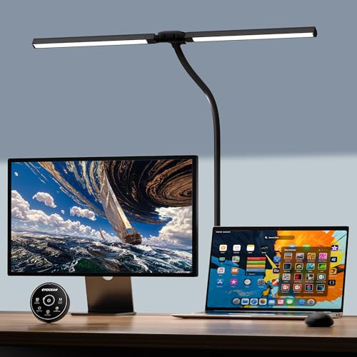 EYOCEAN Schreibtischlampe, Doppelkopf Schreibtischlampe Klemmbar, 16W 72cm Tageslichtlampe Schreibtisch mit Fernbedienung, Dimmbare Monitor Lampe, Schwanenhals Büro Tischlampe, Augenschutz Klemmlampe