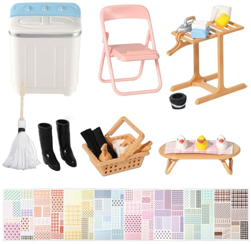 28Pcs Mini Dollhouse Furniture Accessories Miniature Laundry Playset Including Washing Machine, Ironing Board Iron, DIY Dollhouse Miniature Set for Birthday Gift for Toddler, Boys, Girls