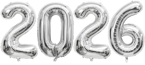 2026 Balloons, 40in/101.6cm Inflatable Number Balloons New Years Eve Decorations 2026 for Eve Festival Birthday Christmas Graduation Decorations, Comes with Glue Dots and Ribbon (Silver)