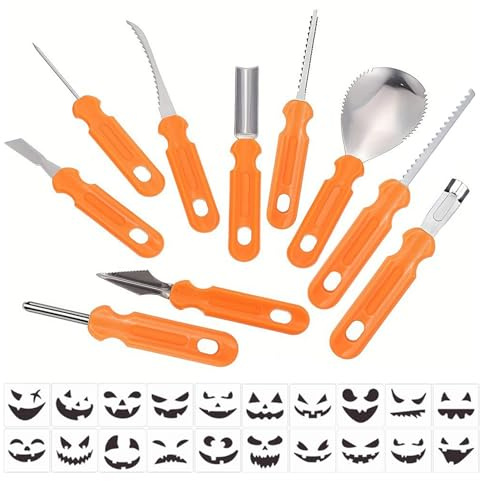 Flkiglm Kit De Esculpir Calabazas Seguro Para Niños, Cuchillos Cortadores Para Calabazas, Sierras Cucharillas Rascadores Con Plantillas Para Manualidades Decoración De Halloween Para Todas Las Edades