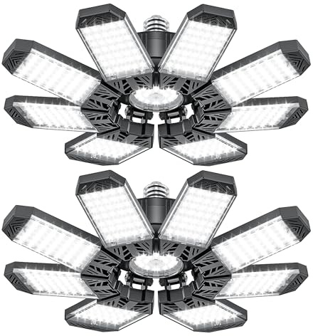 ISKYDRAW LED Garage Lights 2 Pack, 260W 26000LM Bright Shop Light with 8+1 Deformable Panels, 6500K Garage Ceiling Light Screw in E26/E27 Bulb Bay Lighting for Workshop Basement Barn Attic
