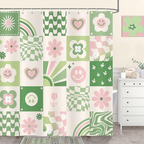 Bonhause Retro Duschdraperi Söt Rutig Blomma Abstrakt Konst Vattentät Mögelbeständig Polyester Duschdraperier Tvättbara Badrumsgardiner 180 x 180 cm med 12 Krokar