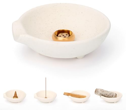 Incense Holder for Sticks Cones Sage Palo Santo 4 in 1 Incense Stick Burner Holder with Ash Catcher Modern Ceramic Incense Burner Bowl for Home Cleansing Meditation