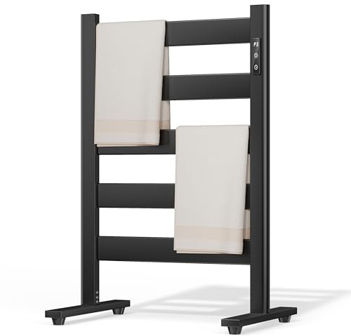 Sawlece Freestanding Towel Warmer – 5-Bar Heated Towel Rack with Timer & Adjustable Temperature, Space Aluminum, Rust-Resistant, Fast Heating in About 10 Minutes for Bathroom & Spa,Matte Black