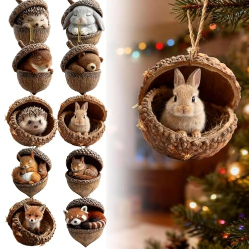 10PCS Weihnachtsbaumschmuck Waldtiermotiven Eicheln, 2D Acryl Tiere Aus Tannenzapfen Weihnachtsbaumschmuck Deko, Flach Hängend Waldtiere Anhänger Ornaments (Brown, A)