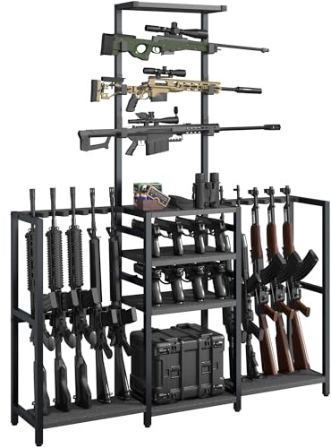 Saudism 68 Tall Gun Rack, Indoor Gun Racks for Floor Standing Gun Display Stand, Rustic Wooden Gun Stand with Soft Padding and Pistol Holder, Holds up 13 Long Guns and 8 Handguns(Black, 53.3 L)