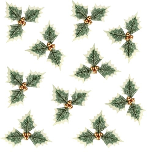Fictory Púas artificiales de bayas de acebo con bayas doradas y hojas verdes, tallos florales de Navidad de 13 cm para coronas, árboles, manualidades y decoraciones de pasteles