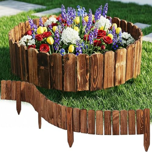 shallyong Vallas de Madera Jardin, Valla Jardín Exterior Madera Flexible 120 x 15 cm, Bordura para Delimitar Césped y Parterres, Estaca de Madera con Tratamiento Antiputrefacción, Fácil de Clavar