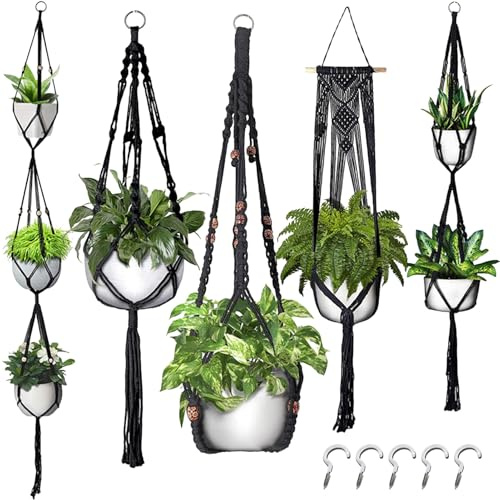 Ancsttu Portamaceteros de - 5 Piezas Cesta Decorativa Boho - Colgadores De Plantas De Diferentes Tamaños | para Balcón Barandilla Techo Estante Dormitorio Suculentas Plantas Colgantes