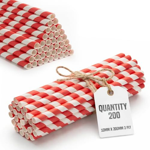 200 Paper Drinking Straws Red Striped 10mm x 200mm Biodegradable Kraft | Eco friendly single use straws, wide bore for smoothies and milkshakes, suits cocktails, parties, cafes and event catering