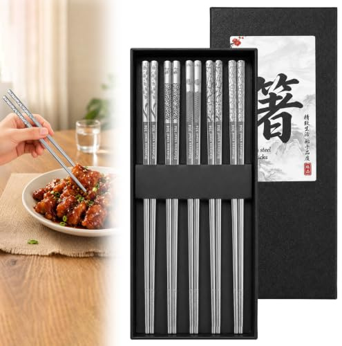 Palillos Acero 304 Set 5 Pares 23,5cm, Antideslizante Lavavajillas | 23,5cm, lavable lavavajillas, antideslizante, reutilizable – ideal para sushi, cocina asiática y set regalo con grabado