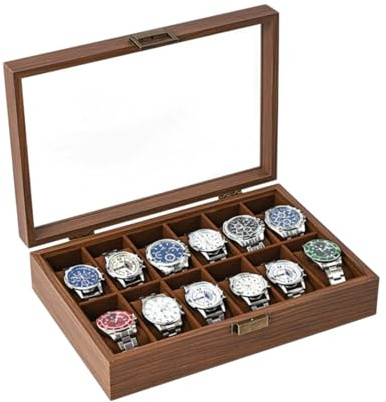 ROUREOX Custodia Display Conservazione Orologi Legno Coperchio Vetro Finitura Grana Marrone Organizer Orologi Multiple Slot Set per Rolex/OMEGA/Cartier - 32 * 21.5 * 8cm