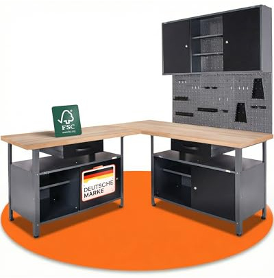 Ondis24 Werkstatt Set Ecklösung Classic One, Werkbank, 120 + 60 cm Buchenholzarbeitsplatte, Werkzeugschrank, Werkzeugwand Lochwand, Haken Set, Metall (Arbeitshöhe 85cm, schwarz)
