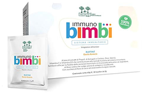 Immuno Bimbi Salugea Integratore per le difese immunitarie dei bambini 100% Naturale, con Proproli, Astragalo e Coriolus, Sambuco, Rosa canina, Zinco, Selenio, Vitamina C e D3
