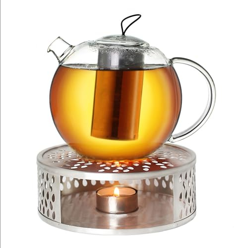 Creano Teekanne aus Glas 1,5l Jumbo + EIN Stövchen aus Edelstahl, 3-teilige Glasteekanne mit integriertem Edelstahl Sieb und Glasdeckel, ideal zur Zubereitung von losen Tees, tropffrei