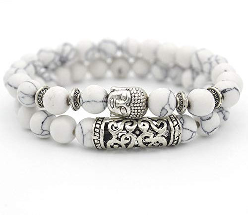 Naturstein Armband 7 Chakra Steine ​​Perle Armband Damen Weiß Howlith 8Mm Schmuck Natürliche Halbedelsteine ​​Mit Buddha Kopf Yoga Paare Armband Geschenk Für Frauen Freundin