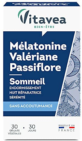 VITAVEA BIEN-ETRE - Mélatonine Valériane Passiflore - Complément Alimentaire Sommeil Adulte - Endormissement Rapide, Nuit Réparatrice - Sans accoutumance - 30 gélules - Cure de 1 mois
