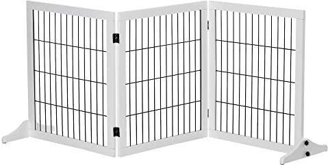 PawHut Absperrgitter Hund Freistehendes Schutzgitter mit Füßen 185 x 71 cm Holz Hundegitter Treppenschutzgitter Treppengitter Hundeabsperrgitter für Treppen, Türen, Küche, Flur, 3 Paneelen, Weiß