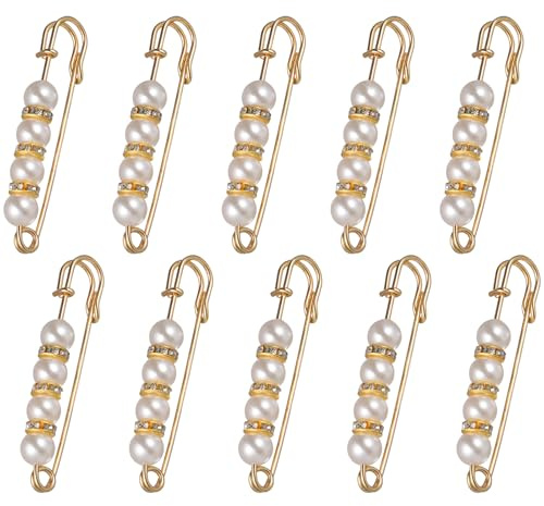 EXCEART 10 Pcs Heavy Duty Safety Pins with Pearl Embellishment Brooch Pin Decorative Sweater Clips for Cardigans, Pants, Clothes, Golden, 5.3X1.5X0.8CM | Golden Alloy Finish, 5.30X1.50X0.80cm Size, 10 X Pins Included, for Clothes