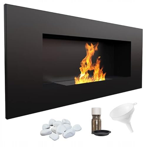 KRATKI Chimenea de bioetanol Delta 2 + Guijarros + Embudo + Set de aromaterapia Montaje en Pared o instalación empotrada l Biocontainer 0,5 l, TÜV Acero, 40 x 90 cm, Negro