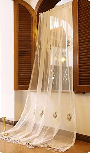 A.Monamour Gardine Scheibengardinen Kurzstores Weiße Transparente Voile Blumen Stickerei mit Perlenbesetzten Quasten Kurzvorhang Kurzgardinen Küche Vorhang Fenster Kurz Stores Bistrogardine