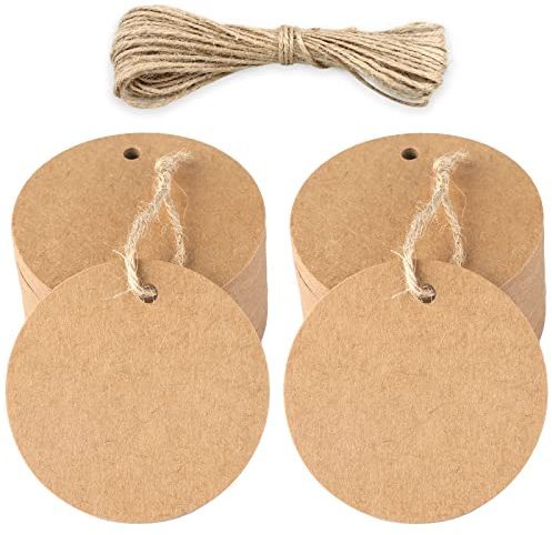 Rund Geschenkanhänger Kraftpapier Etiketten 5,5 cm, 50 Stück Hängeetiketten und Juteschnur, für Handwerk, Hochzeit, Weihnachten, Geschenkverpackung (Braun)