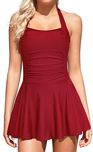SHEKINI Damen Einteiliger Badeanzug Mit Quadratischem Kragen, Verstellbarem Neckholder, Chic Ruched Bauchweg Baderock (XL, Weinrot)