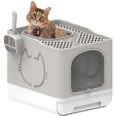 ALL FOR PAWS Foldable Cat Litter Tray Cats Litter Box with Front Entry & Top Exit XXL Extra Large Space Toilet Boxes with Trays, Lid and Pet Litter Shovel (Grey, 50 x 39 x 41 CM) (Sand)