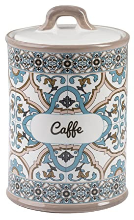 Baroni Home Pot de Cuisine en Céramique Décoré ligne Noto, Porte Café en Poudre avec Couvercle Hermétique pour Sauver l’Arôme, Pot de Rangement du Café, 11 x 11 x 17 cm