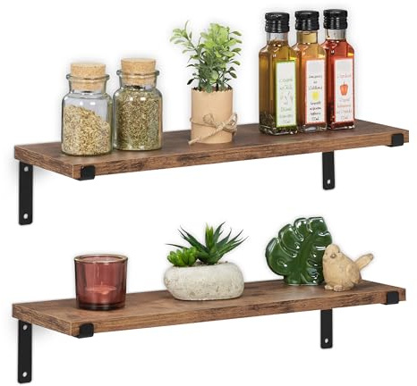 Relaxdays Vägghylla industrial, 2-pack, hyllplan, BxD: 48 x 15,5 cm, metall & trä, hängande hylla, brun/svart