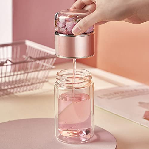 NFNSIG 430ml Tea Infuser Bottle Double Wall Glass Water Bottle Tea and Water Separation Leakage Proof Glass Water Bottle for Office Travel Home(Rose Gold)