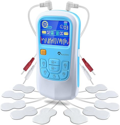 Auxoliev Electrostimulateur Musculaire,Electrostimulateur Musculaire Rechargeable,25 modes 50 niveaux d'intensité, 10 électrodes pour soulager les douleurs musculaires dans les genoux et les jambes