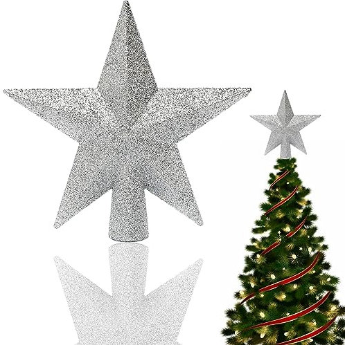 Puntale per Albero di Natale a Stella Argento 20cm, Punta per albero di Natales glitterata, in Plastica Leggera e Stabile Punta Alberos di Natale, decorazione natalizia (Argento)