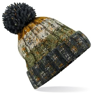 Pinkfish Shop, Corkscrew Cable Knitted Bobble Hat, Winter Beanie, Winter Pom Pom, Wooly Hat, Autumn Moss, one Size