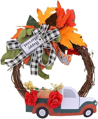 Weihnachtskranz, Türkranz, 34,6 cm, Halloween-Kranz for Haustür, Herbst-Kürbis-LKW-Kranz, Bauernhaus-Rattan-Girlande mit Sackleinen-Schleife, Erntekranz, Halloween, Weihnachten (Farbe (Color : Oranje