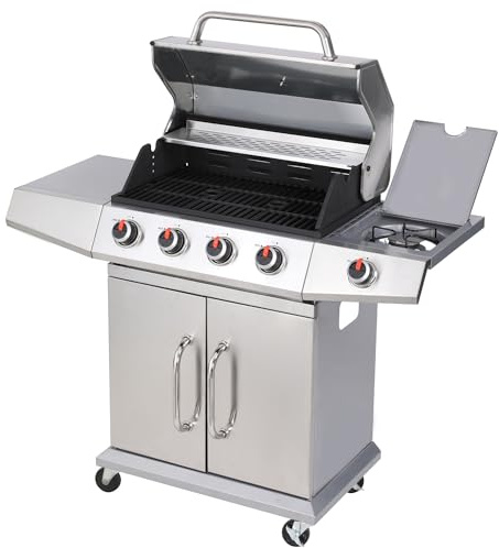 Sac 4+1 Gas BBQ Garden Grill with Enamel Cast Iron Grids, Stainless Steel Lid and Thermometer, Large Outdoor Cooking Barbeque with Storage