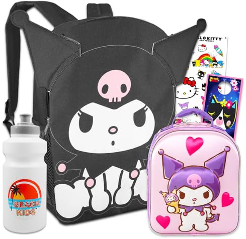 Kuromi Rucksack und Brotdosen-Set f r M dchen Paket mit 40,6 cm Kuromi-Rucksack, Lunchtasche, Wasserflasche, Aufklebern, mehr | Hello Kitty und Freunde Rucksack-Set