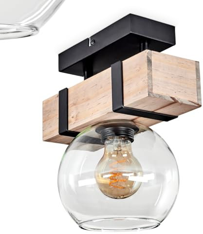 Deckenleuchte Montgomery, Deckenlampe aus Metall/Holz/Glas in Schwarz/Natur/Klar, Leuchte im modernen Retro/Vintage/Industrial -Design mit Schirm aus Glas (Ø 15 cm), 1 x E27, ohne Leuchtmittel