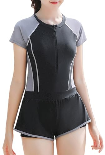 Maeau Girls Swimming Costume One-Piece Swimsuit Short Sleeve Rash Guard UV Protection Surfing Swimwear Quick Dry Crew Neck Swim Shirt 01 Black+Grey 11-13 Y