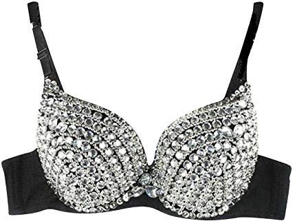 1PC Fitness Damen Bügel Sexy Jazz Dance Tanz Pole Dance mit Strass Bikini BH, mit Mode Silber Glänzend Pailletten, Punk Bra,Damen Sport Unterwäsche Top BHS (White, S)