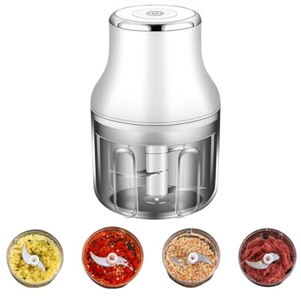 Gevvnss Mini Tritatutto Elettrico per Alimenti, Mini Robot da Cucina, Ricaricabile USB, Senza Fili, Tritatutto Elettrico Piccolo per Aglio, Peperoncino, Noci e Carne, 13,5x8,2 cm, Bianco