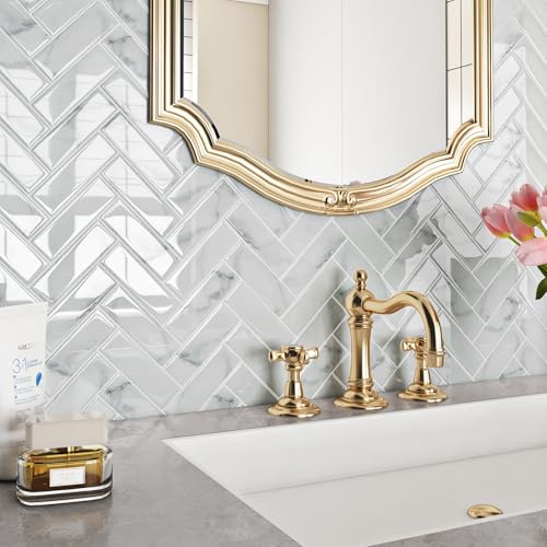 Livelynine Adesivi 3D per piastrelle da bagno, motivo a spina di pesce, per cucina, lavabile, bianco, grigio, 30 x 30 cm, 16 pezzi, autoadesivi, per cucina, bianco, a spina di pesce, per piastrelle da