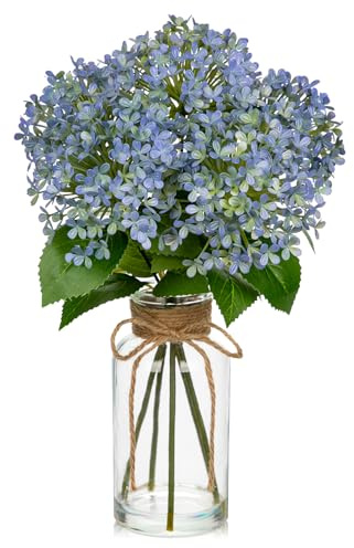 Briful Hydrangea Artificial Flowers in Glass Vase, 13.8 Artificial Hydrangea with Faux Water Blue Artificial Flowers for Decoration, Faux Hydrangea with Vase for Centerpieces Home Decor