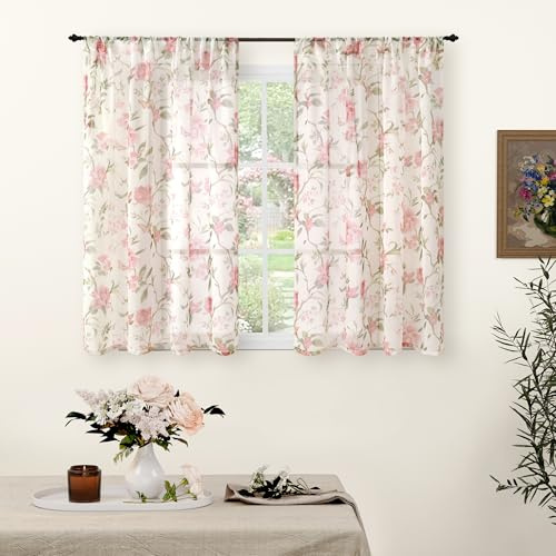 Lajode Floral Sheer Curtains for Girls Bedroom, Vintage Farmhouse Light Filtering Privacy Semi-Sheer Linen Curtains for Kids Nursery 45 Inches Long 2 Panels, Rod Pocket, Pink, Each 52 Inch Wide
