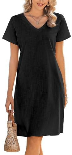 Zeagoo Femmes Robes D'été Robe en Coton Col en V Robe de Plage à Manches Courtes Casual avec Poches Robes A Ligne Midi Plaine Noir M