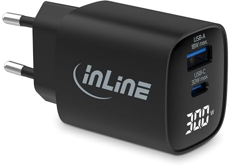 InLine USB-laddare, 2 portar, digital skärm med nuvarande strömförbrukning, 1 USB-C-port + 1 USB-A-port, GaN, 30 W, snabbladdare, PD3.0, QC3.0, strömförsörjning för iPhone/Pro/Mini,